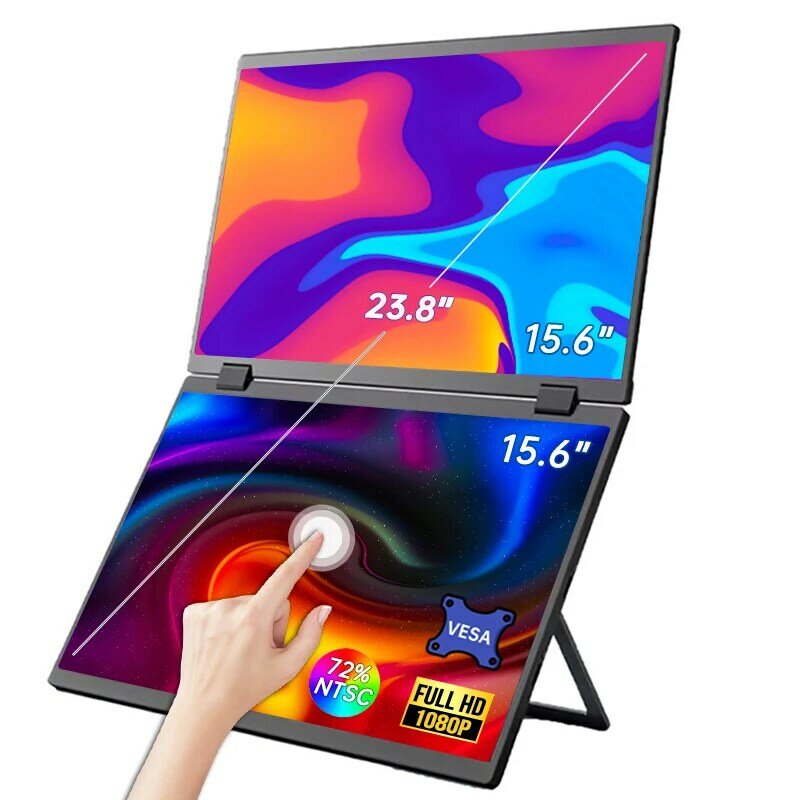 Monitor Portátil Dual Touch Screen, 15.6 Polegada, 1080P, FHD, Flip 360 °, Tela Externa para PC, Laptop, Mac, Telefone, Xbox, PS4, 5 Switch