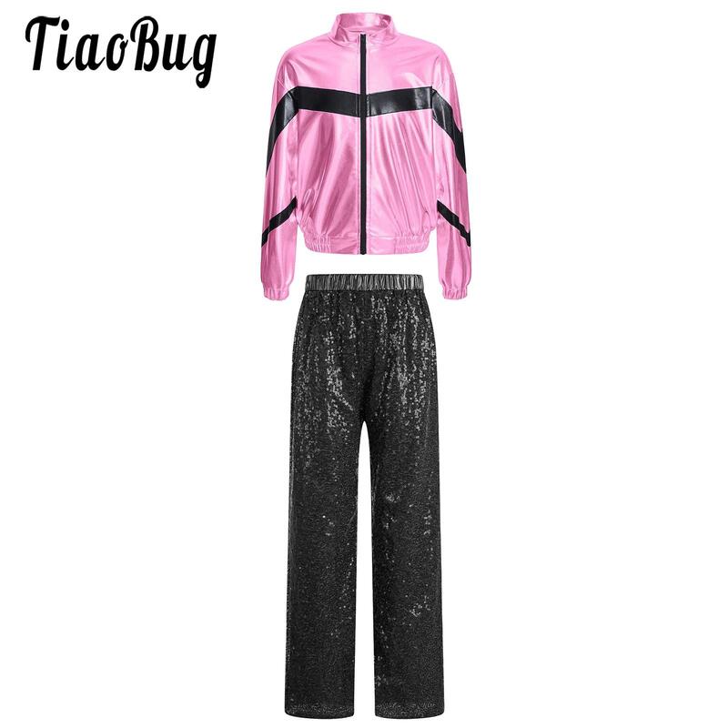Girls Fashion Street Dance Outfit Sport 2pcs Shiny Jacket And Sequins Long Pants Set Children Festival Stage Performance Costume