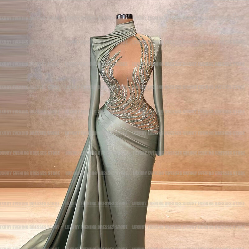 Luksusowe suknie wieczorowe syrenki dla kobiety satynowe lśniące na szyję z długim rękawem formalne suknie na przyjęcie 2024 Vestido فساتين سهره