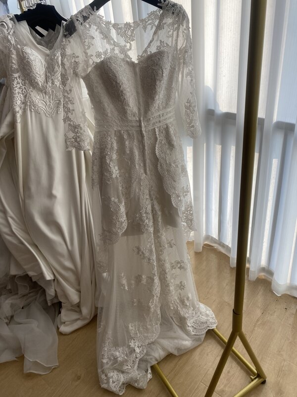 Vestidos de casamento com decote V, vestidos de noiva, mangas compridas, trem ilusão, nupcial, digno, alta qualidade, 100cm, ZD05