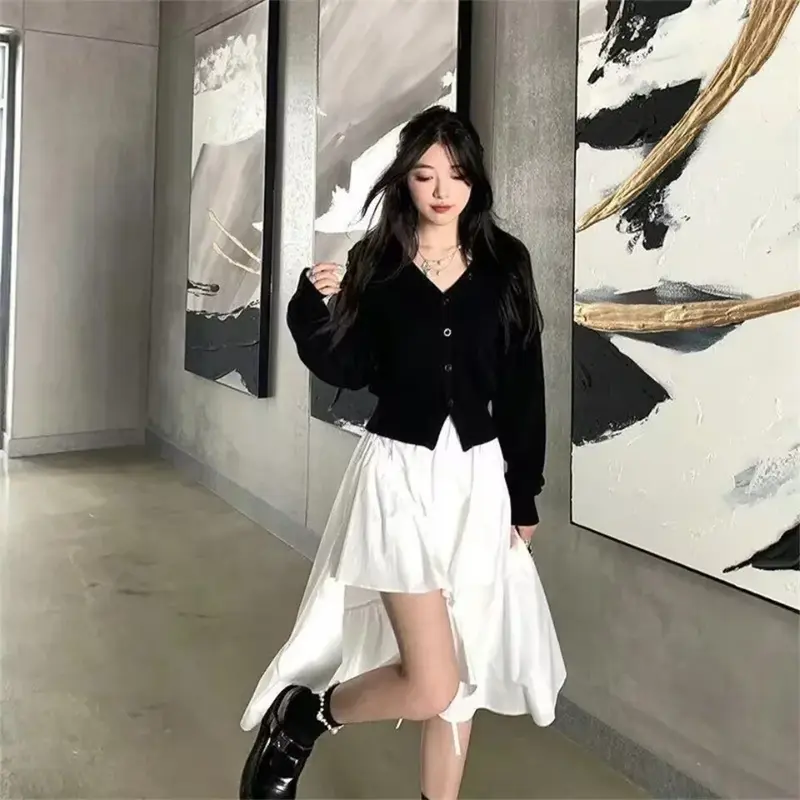 Korean Fashion Autumn New Black Oversized Cardigan Women V-neck Knitted Jumper Sweet Sexy Off Shoulder Long Sleeve Crop Top V764