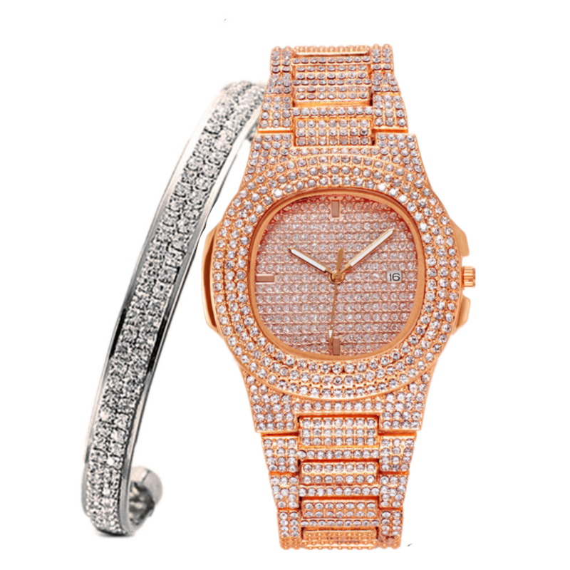 Женские часы со стразами и браслетом, роскошные золотые часы в стиле хип-хоп