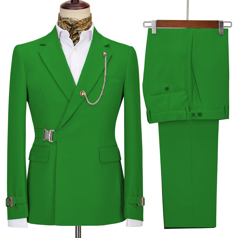 Traje ajustado de Color sólido para hombre, chaqueta con pantalones, botones de Metal, adecuado para negocios, vestidos de banquete de boda, 2 piezas