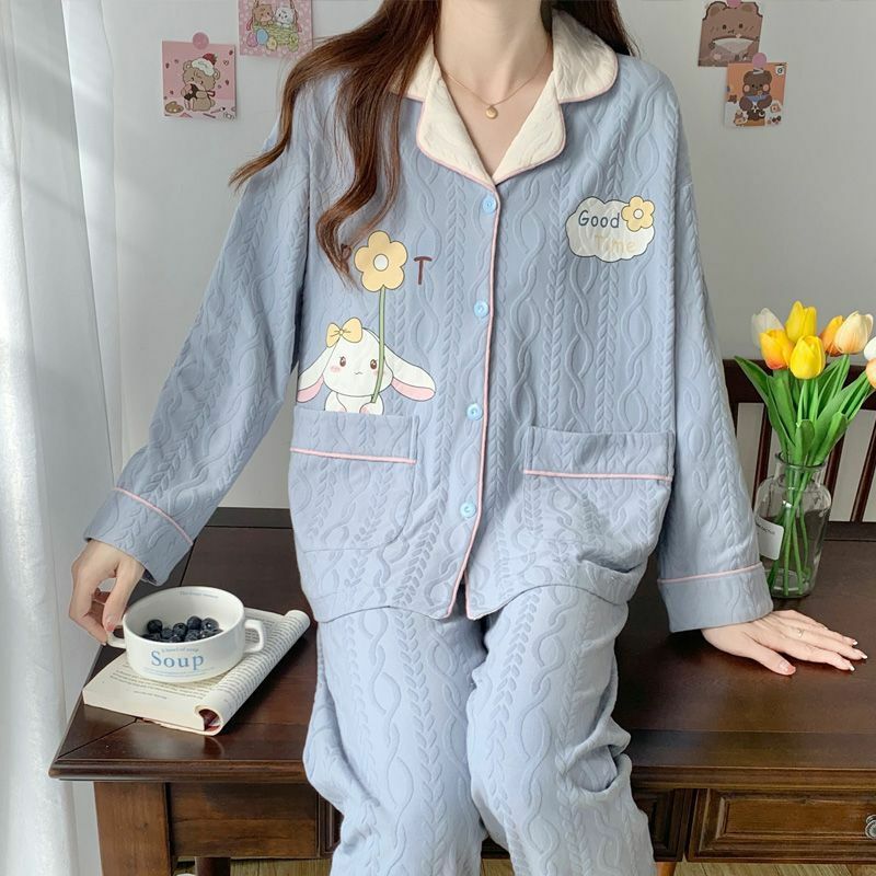 2024 New 100% Cotton Pajamas Women Spring Autumn Lapel Long Sleeve Cartoon Homewear Suit Casual Loose Female Nightclothes Sets