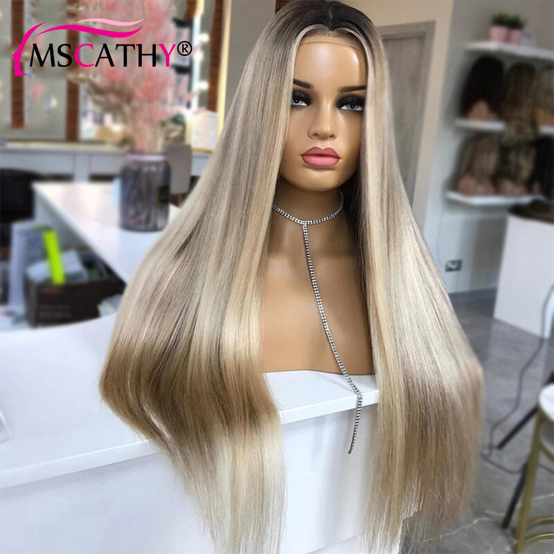 13x6 Ash blond wyróżnij kolorowe koronki przodu peruki dla kobiet brazylijski ludzki włos prosto peruka Ombre HD koronki przodu peruka Prepluck