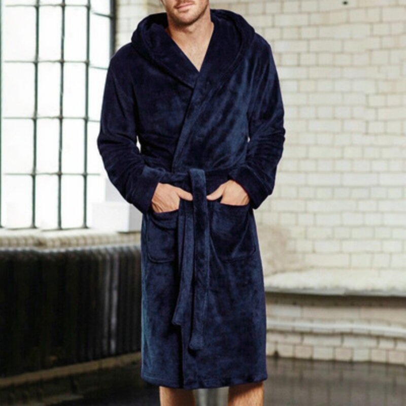 Autumn Winter Men's Thickened Extended Bathrobe Solid Long Sleeve Hooded Nightgown Oversized Coral Velvet Warm Home Pajamas