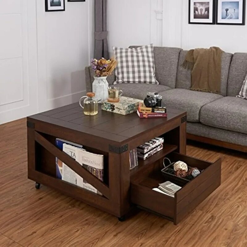 Meja kopi dengan 1 laci meja kopi persegi, dengan 1 rak terbuka, rak majalah, dan roda, 31 inci, meja kopi