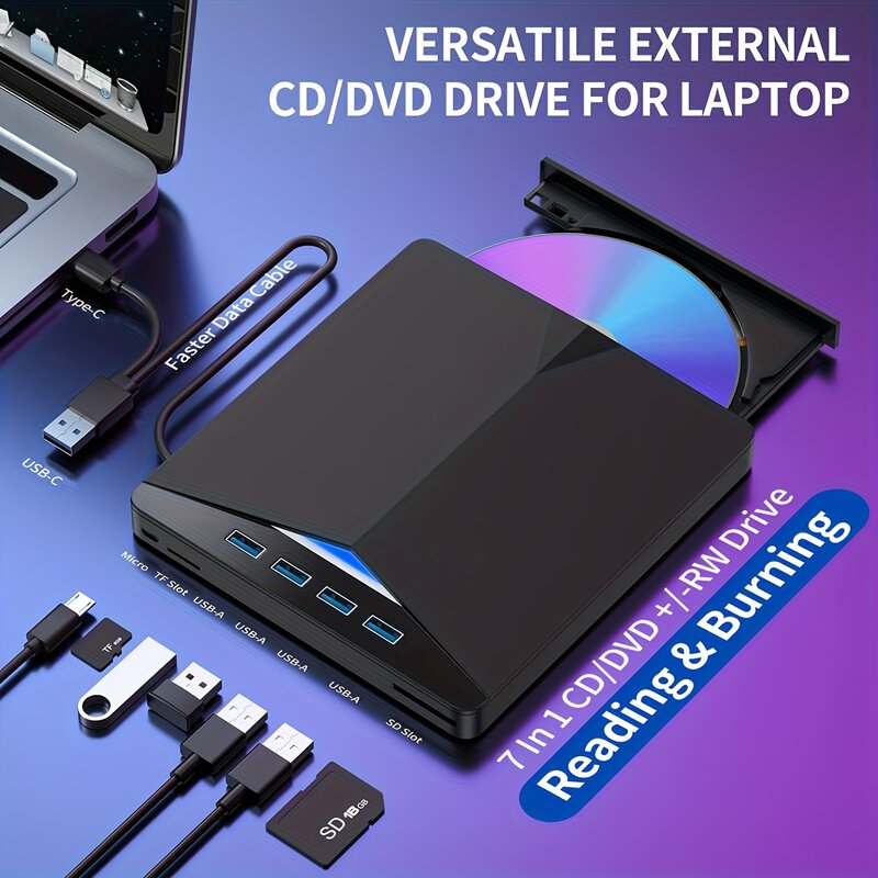 Unidade óptica externa para laptop, 7 em 1, usb 3.0, tipo c, cd, dvd, rw, queimador, player, unidade super óptica