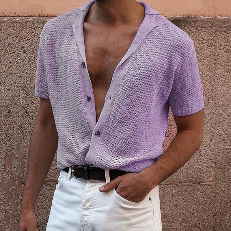 Camiseta de Color sólido para hombre, cárdigan de manga corta con cuello vuelto, tipo suelto de punto, Tops de un solo pecho, ropa diaria