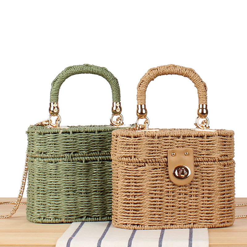 Bohemian tas kotak anyaman tali kertas tas tangan desainer tas pantai jerami perjalanan buatan tangan untuk wanita rantai tas selempang bahu baru