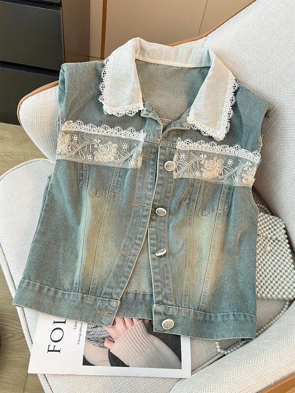 Retro Spitze Patchwork Jeans weste für Frauen 2024 Sommer nähen einreihige Revers Tops koreanische lässige vielseitige ärmellose Jacke