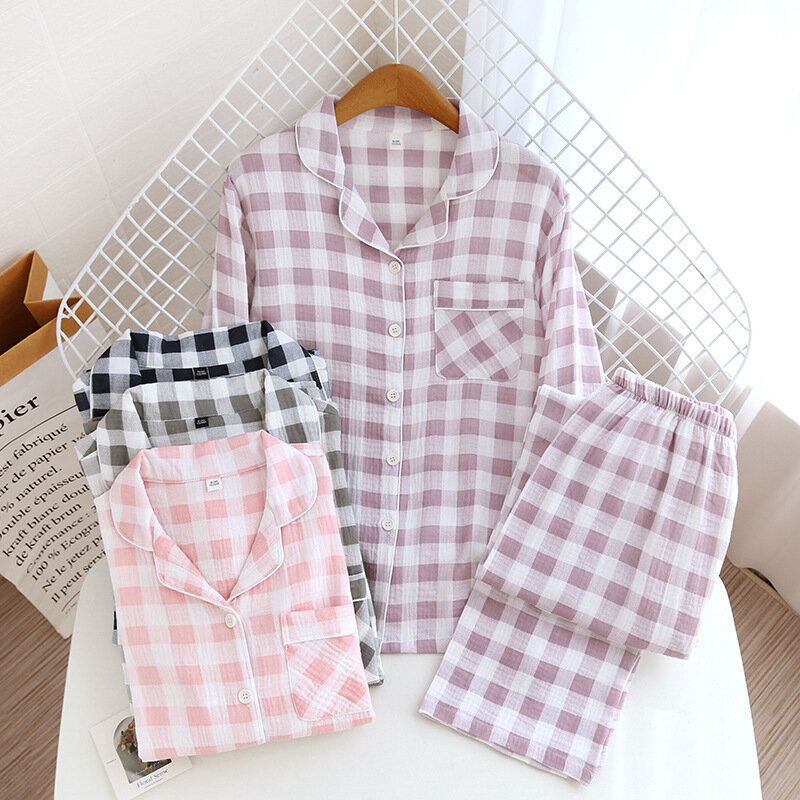 女性用2層糸パジャマ,シンプルなルーズチェックパジャマ,長袖パンツ,家庭用スーツ,上質なラウンジウェア,秋,綿