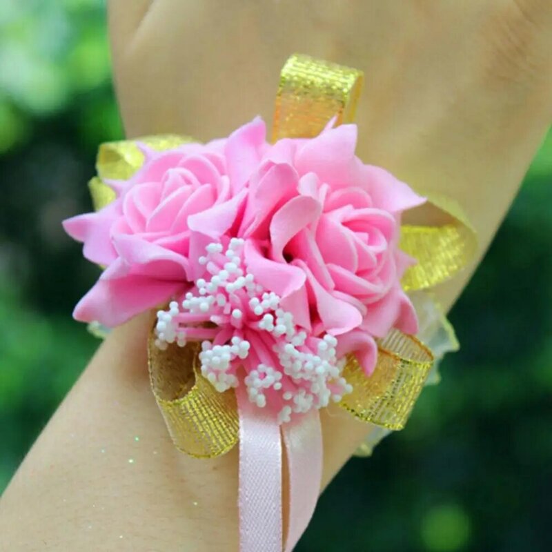 Schiuma rosa polso fiori da sposa damigella d'onore polso corpetto festa di nozze nastro braccialetto spilla