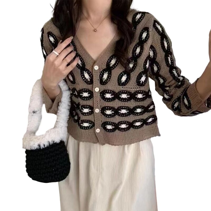 Suéter chique vazado malha bordado com botões, cardigã elegante quente para mulheres 10CF