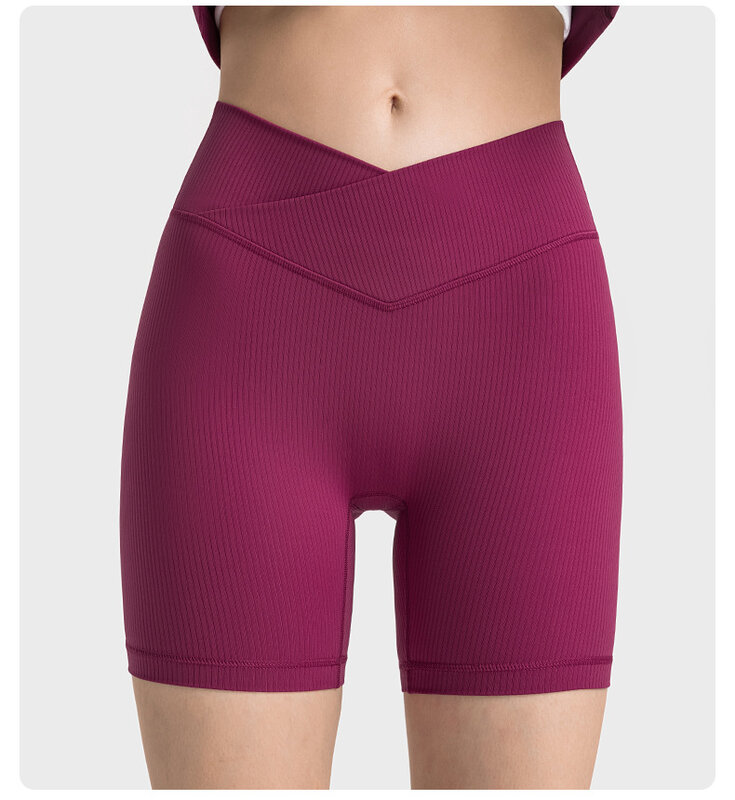 Pantalones cortos deportivos acanalados para mujer, pantalón corto de cintura alta cruzada para entrenamiento, correr y gimnasio