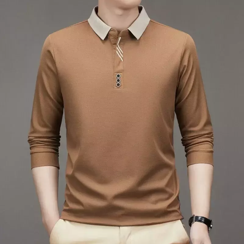 T-Shirt da uomo a maniche lunghe con colletto rovesciato e Waffle Business Casual Contrast Line Polo Shirt