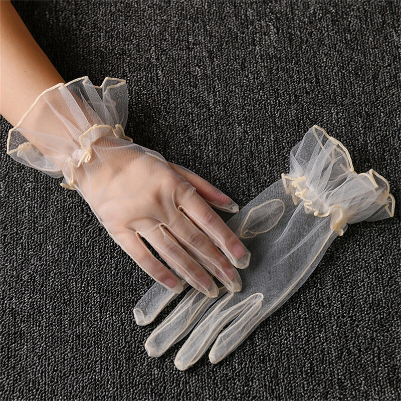 Moda donna guanti corti in Tulle trasparente guanti Ultra sottili elasticizzati con dita intere guanti da sposa da polso in rete festa di Halloween