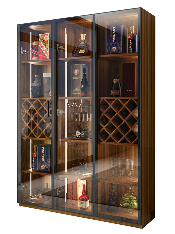 Armário nórdico minimalista do vinho do vidro, armário lateral do assoalho, prateleira da barra, parte alta, moderno, 3 portas sem luzes