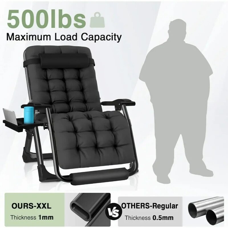 Kursi santai pemegang cangkir perlengkapan berkemah luar ruangan dalam ruangan kursi teras dengan kursi bantal pantai 33 inci nol gravitasi hitam