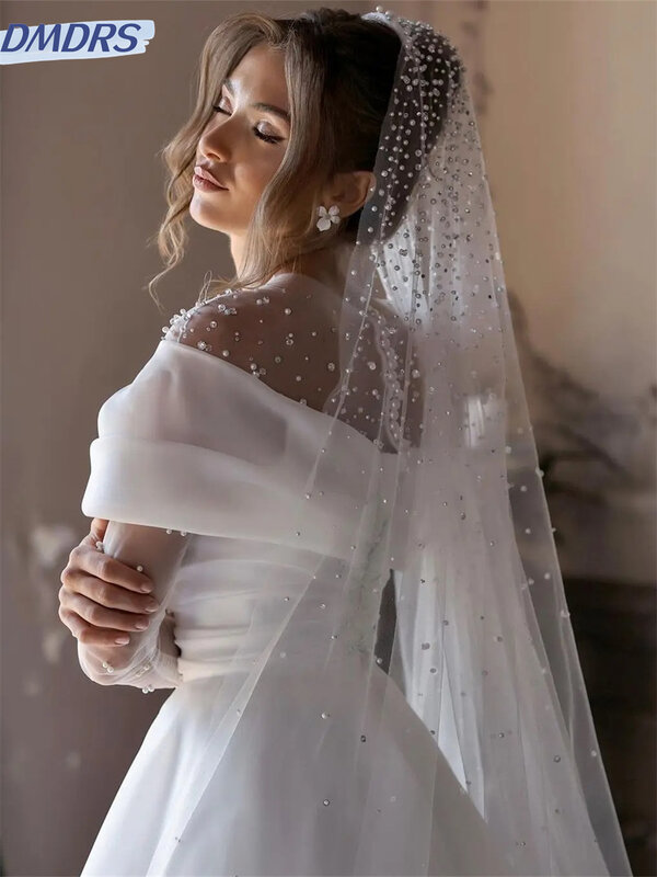 Elegantes vestidos de casamento frisados, vestido de noite encantador clássico manga longa, até o chão, vestido nupcial, 2024