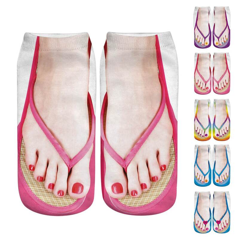 Meias de impressão de manicure padrão 3D para mulheres, Flip Flop, meias engraçadas escondidas, terno de tornozelo de corte baixo, 5 pcs