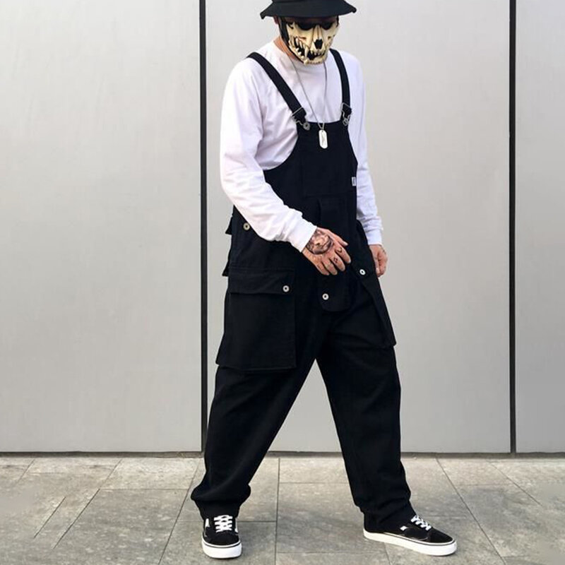 Męskie denimowe fartuchy luźna, workowata Street hip-hopowy styl japoński z kieszenią w stylu Streetwear spodnie robocze Cargo kombinezon