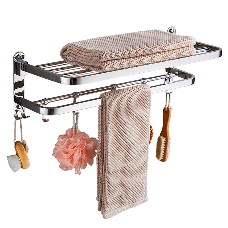Foldable Bathroom Towel Rack 40/50cm Punch-Free 304 Stainless Steel Towel Shelf with Movable Hook Toilet Kitchen Organizer Shelf