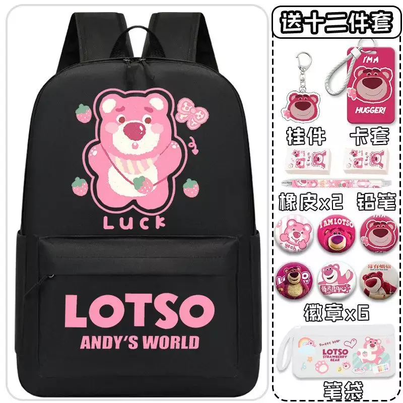 Sanrio tas punggung beruang stroberi pria dan wanita, tas sekolah kapasitas besar sederhana ringan tahan lama untuk pelajar