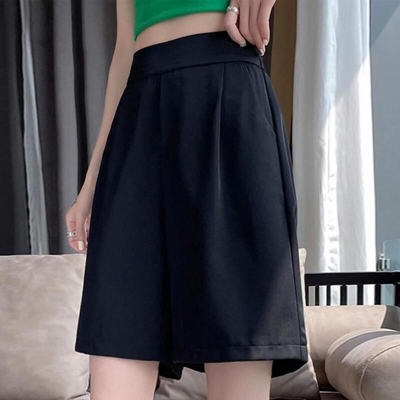 Pants High Waist A-line Summer Shorts with Pockets for Women Breathable Knee Length Pants Solid Colors Elastic Loose for Comfort