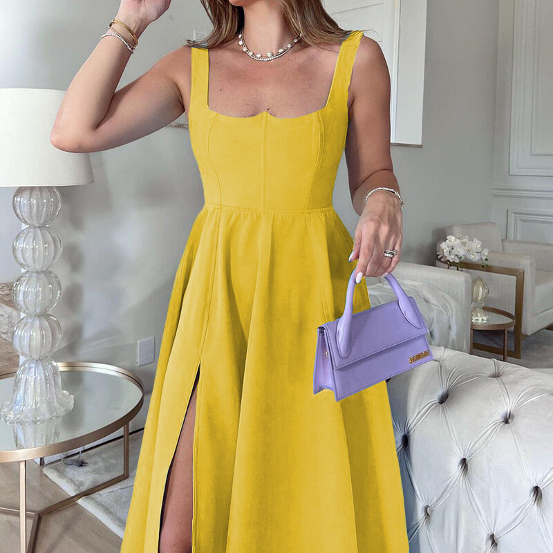 FD1179 2024 Summer New Women's Fashion Solid Color Versatile Mid Length Strap Dress