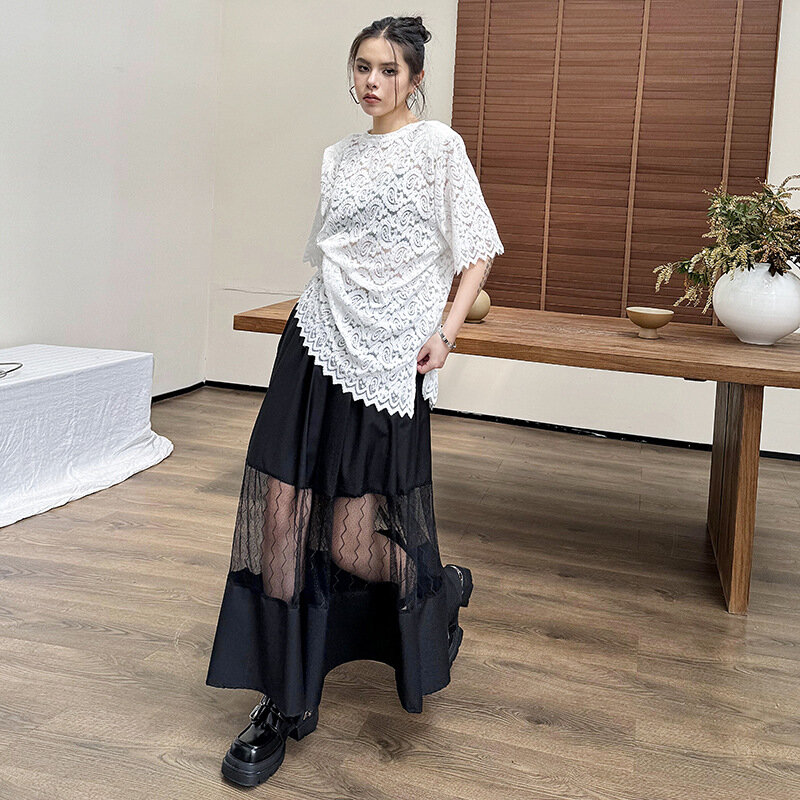 Женская Асимметричная юбка средней длины, черная юбка с высокой эластичной талией и сетчатым верхом, весна-осень 2024