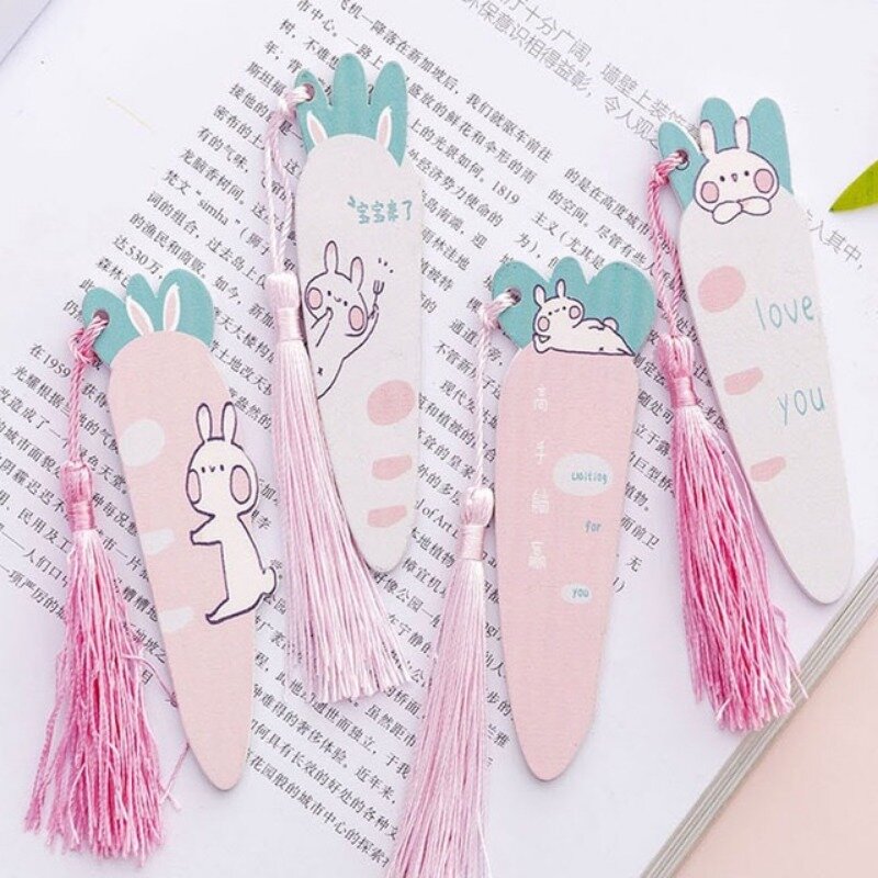 4pcs Bookmark Clip Girl Heart Carrot Rabbit Fringe Hanging Sticker Creative Cartoon Wooden Bookmarks Student Bookmark Clip