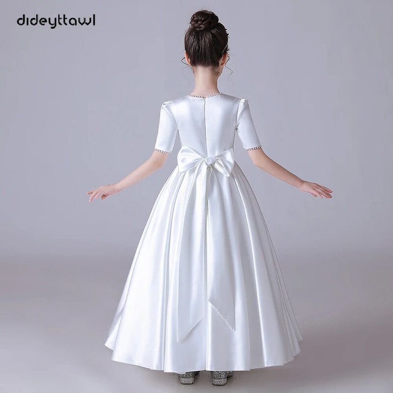 Dideyttawl Wit Soft Satin Parels Elegant Meisje Eerste Communie Jurk Concert Wedding Party Korte Mouwen Junior Bruidsmeisje Gown