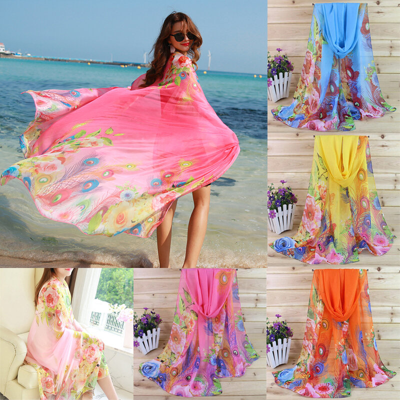 Bufanda de seda con estampado Floral para mujer, chal de gasa, toalla de playa, capa larga, Sarong, accesorios de moda, 160x50cm