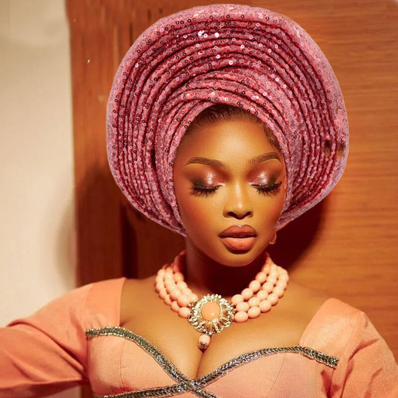 Boné Turbante Lantejoulas Autogele para Mulheres, Auto Gele Headtie Africano, Pinos De Casamento Nigerianos, Envoltórios De Cabeça Femininos, Lady Headpiece