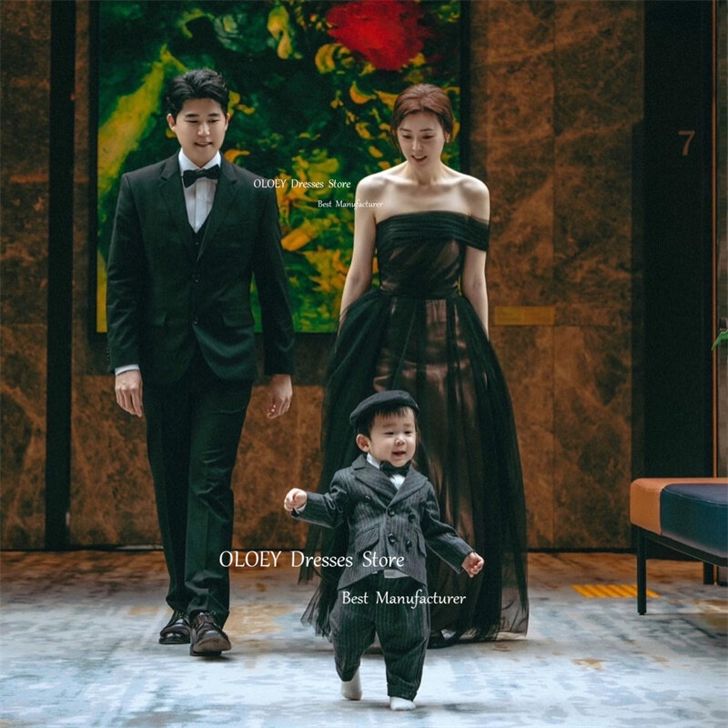 Oloey eine Schulter Fee schwarze Abendkleider Hochzeit Fotoshooting Tüll Korea Party formale Ballkleider Korsett zurück Boden länge