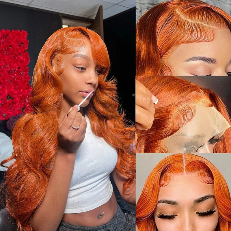 Peruca dianteira do laço da onda do corpo para mulheres, cabelo humano colorido, pre arrancado, peruca transparente do laço, gengibre laranja, 13x6