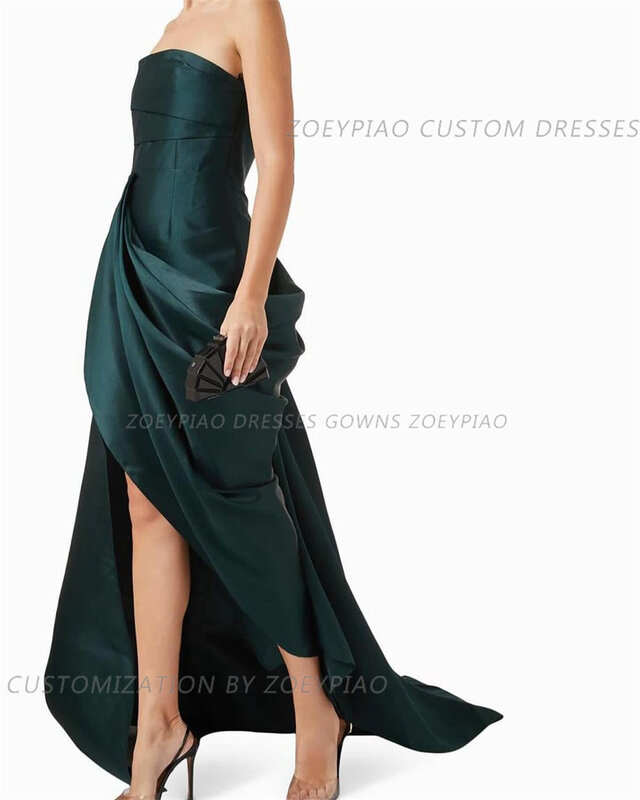 Gaun malam belah samping Satin hijau Modern gaun Prom wanita A Line tanpa lengan tanpa tali gaun pesta Formal 2024