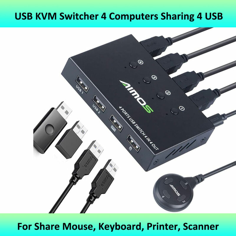 AIMOS-USB KVM Switcher, 4 Computadores, Compartilhamento 4 Dispositivos USB, Troca de um Botão, para Compartilhar Mouse, Teclado, Impressora, Scanner