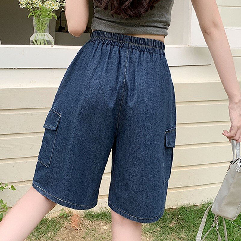 Jeans Casual a vita alta al ginocchio donna nuovo 2024 estate stile coreano doppie tasche Basics pantaloni corti in Denim femminile W1714