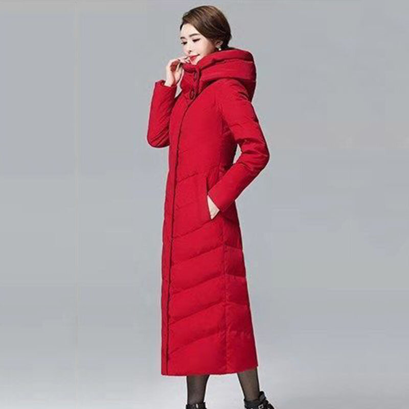 2023 New Korean Style Down  Women's Long Slim Fit Over The Knee Thermal Coat Skirt Hem White Duck Down Extra Long CoatLady