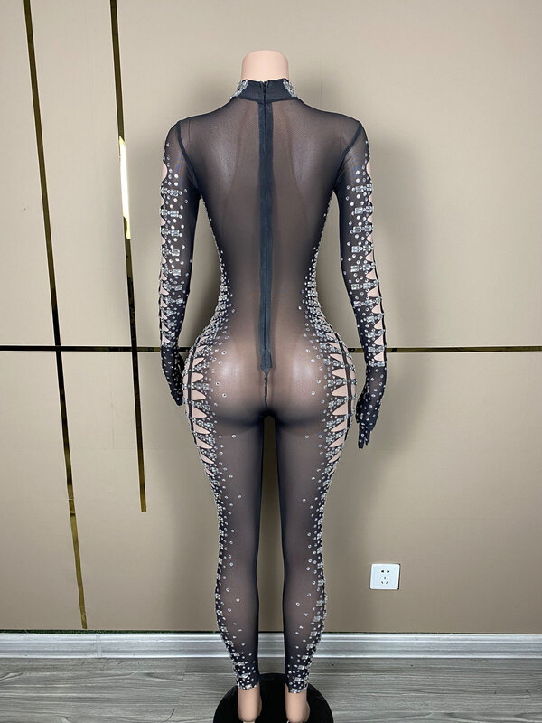 Customized New Long Sleeve Gloves Mesh High Elastic Sequins Sexy Tight jumpsuit Birthday Party Long Dress Performance Dress
