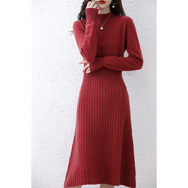 Женское трикотажное платье с круглым вырезом, длинный шерстяной джемпер, Осень-Зима 100%