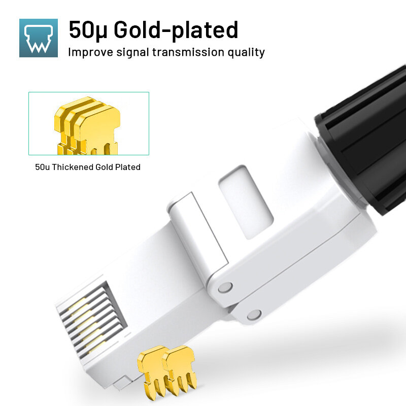 WoeoW Cat8 Cat7 Cat6A RJ45 Connector, Tool-Free Toolless Shielded Ethernet Termination Plug for Solid Bulk S/FTP Ethernet Cable