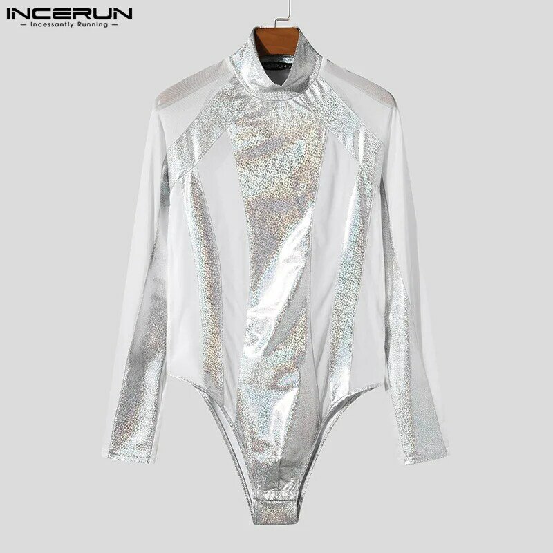 INCERUN 2024 Sexy Men's Homewear Thin Mesh Spliced Half High Neck Design Jumpsuits Stylish Triangle Long Sleeved Bodysuits S-3XL