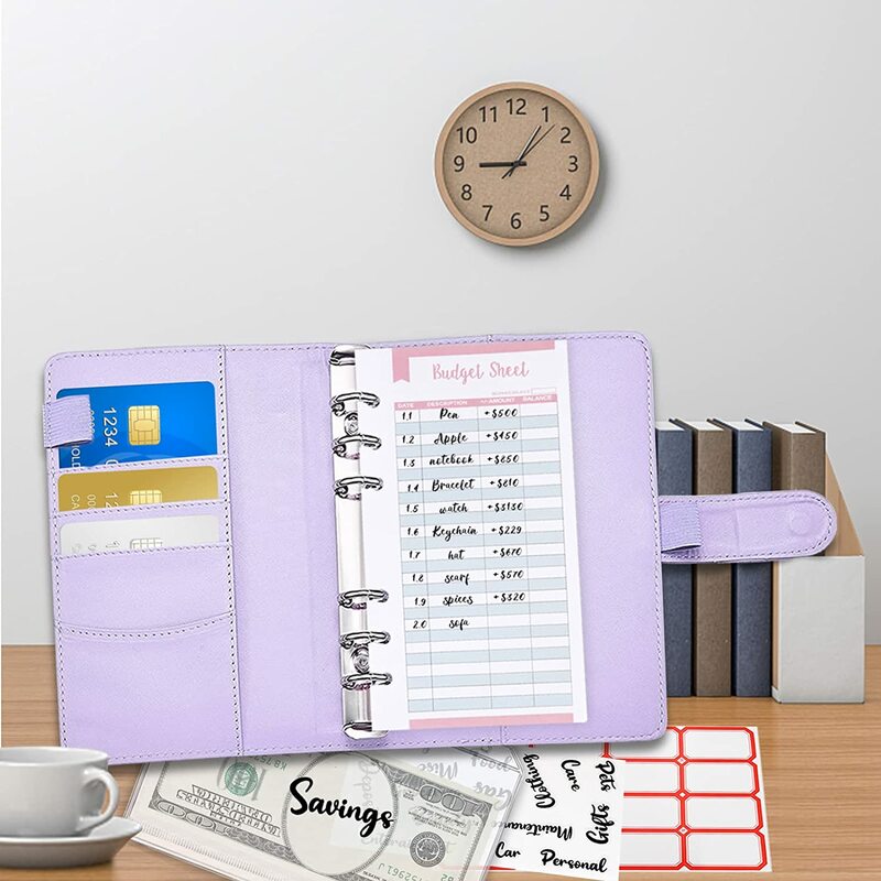 A6 PU Leather Notebook Binder Budget Planner, 8 Binder Pockets,Expense Budget Sheets,Sticker Label, Cash Envelopes for Budgeting