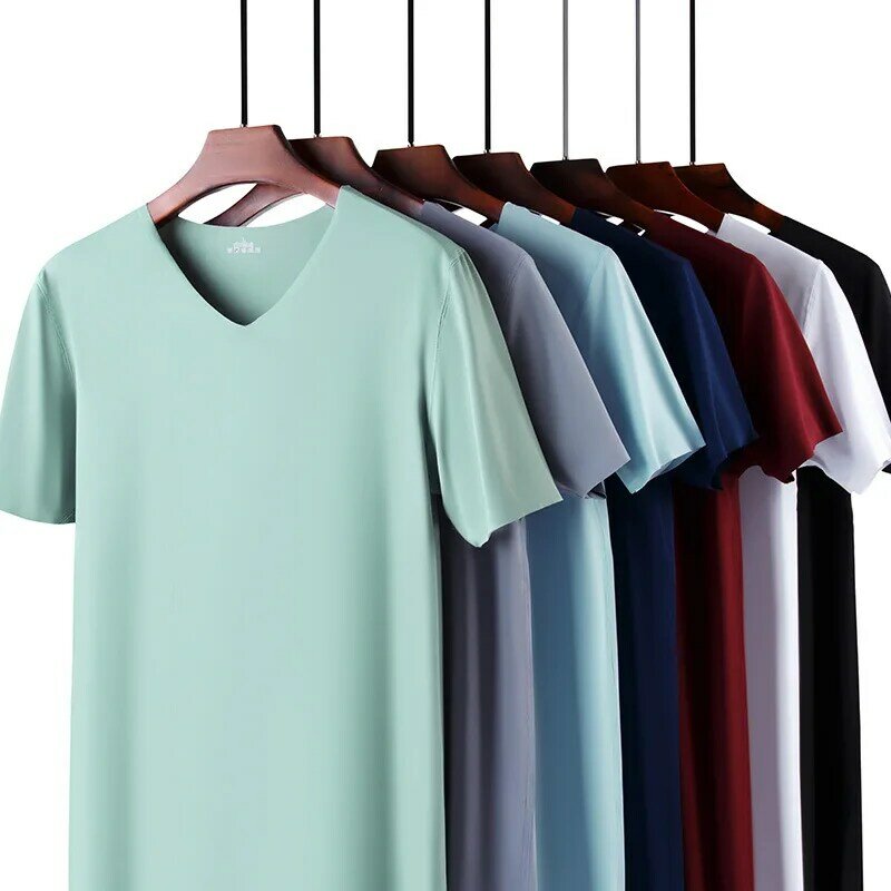 Letnie męskie koszulki lodowy jedwab T Shirt dla mężczyzn bez szwu Casual dekolt w serek koszulka z krótkim rękawkiem Tee topy odzież męska bluzka Streetwear