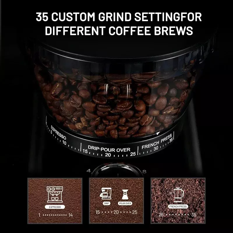 Secura Console penggiling kopi, penggiling kopi duri dapat disesuaikan dengan 35 pengaturan penggiling, penggiling biji kopi elektrik untuk 2-12cangkir hitam