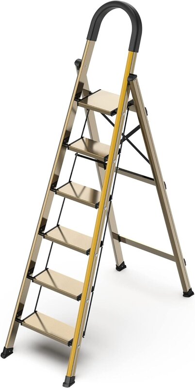 GameGem-Escalera de 6 escalones de aluminio ligero para techo alto de 12 pies, taburete plegable, escalones con Pedal antideslizante y ancho