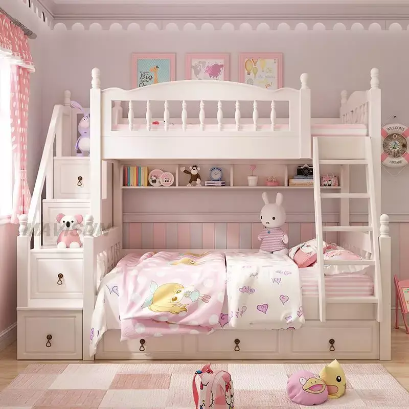 łóżko Koreański wiejski styl Piętrowe białe nowoczesne minimalistyczne w górę w dół Dziecięce piętrowe z miejscem do przechowywania dla księżniczek Dziewczyny Kreatywne meble pokojowe